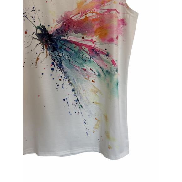 Women's Small White Mulitcolor Dragonfly Print Sleeveless Round Neck Loose Tank - Picture 7 of 14